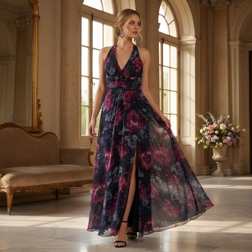 Siena Multicolor Dark Floral Halter Maxi Dress – Size 14 – NWT